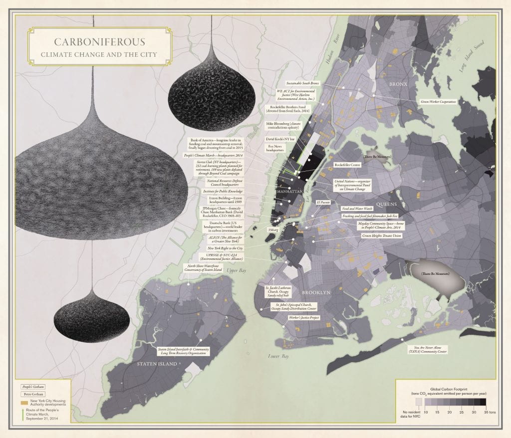 CARBONIFEROUS MAP IMAGE - “Carboniferous” map in “Nonstop Metropolis: A New York Atlas” (Solnit and Schapiro 2016). Cartography: Molly Roy; artwork: Bette Burgoyne. Underlying data from Kevin Ummel, adapted from research he did for the Center for Global Development. Image courtesy of University of California Press.