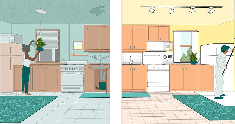 GND for Public Housing before and after showing new kitchen appliances, a fixed sink, improved lighting, new paint, and more.