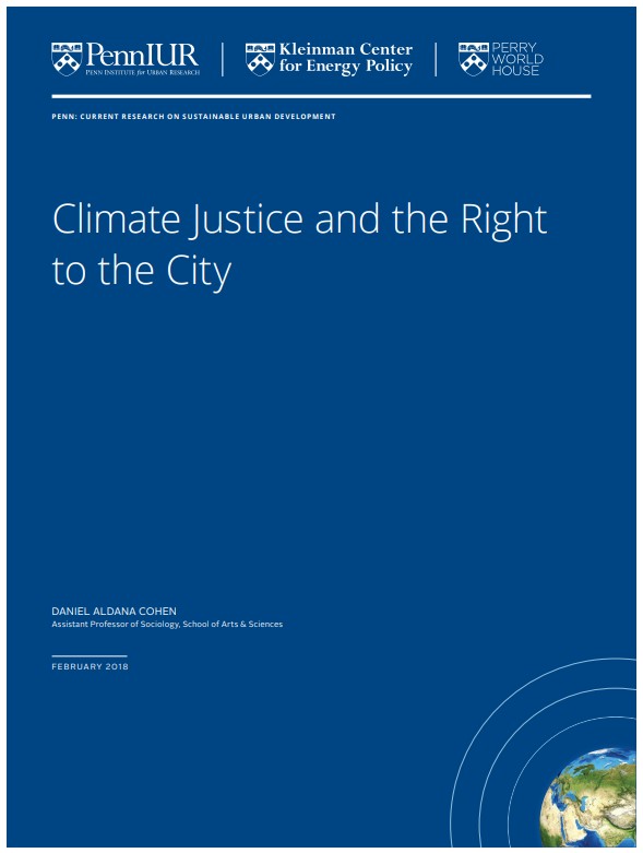 Report Cover which says Climate Justice and the Right to the City with white letters and a blue background. 