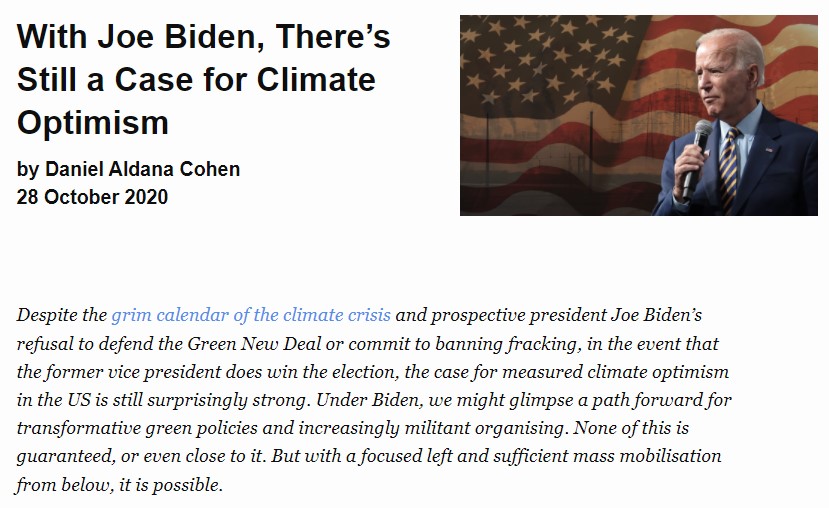 Header of article "With Joe Biden, There's Still a Case for Climate Optimism" with photo of Joe Biden in front of an American flag