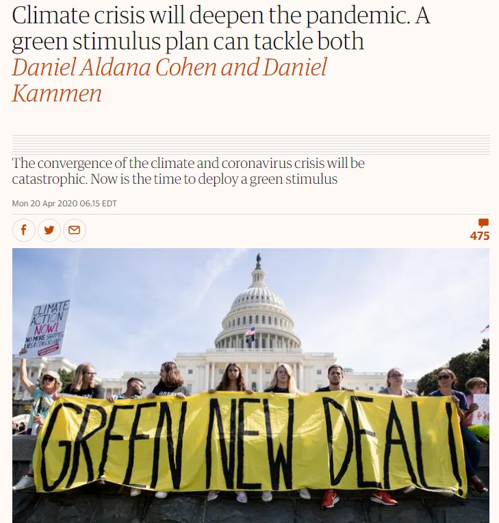 Image of article "Climate crisis will deepend the pandemic. A green stimulus plan can tackle both." and photo of youth holding sign that says "Green New Deal" in front of Capitol Building