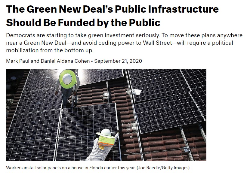 Header of article "The Green New Deal's Public Infrastructure Should be Funded by the Public"