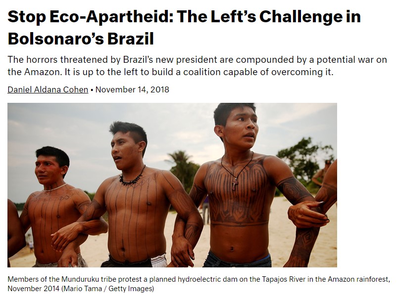 Title of article "Stop Eco-Apartheid: The Left's Challenge in Bolsonaro's Brazil" in Dissent magazine