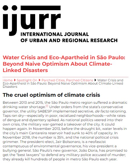 Header of article "Water Crisis and Eco-Apartheid in Sao Paulo: Beyond Naive Optimism About Climate-Linked Disasters" in the International Journal of Urban and Regional Research